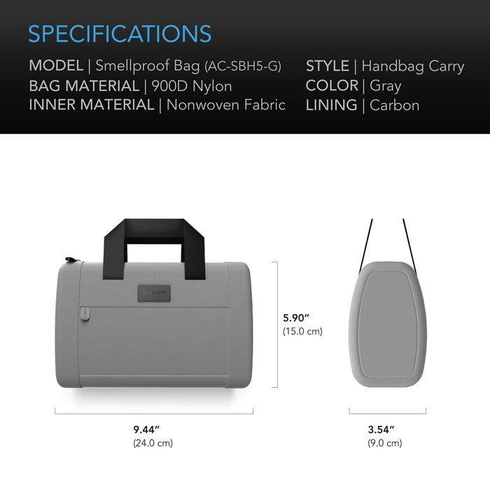 AC Infinity Smell Proof Handbag | Gray | 900D Nylon Fabric and Carbon Filter Lining  - LED Grow Lights Depot