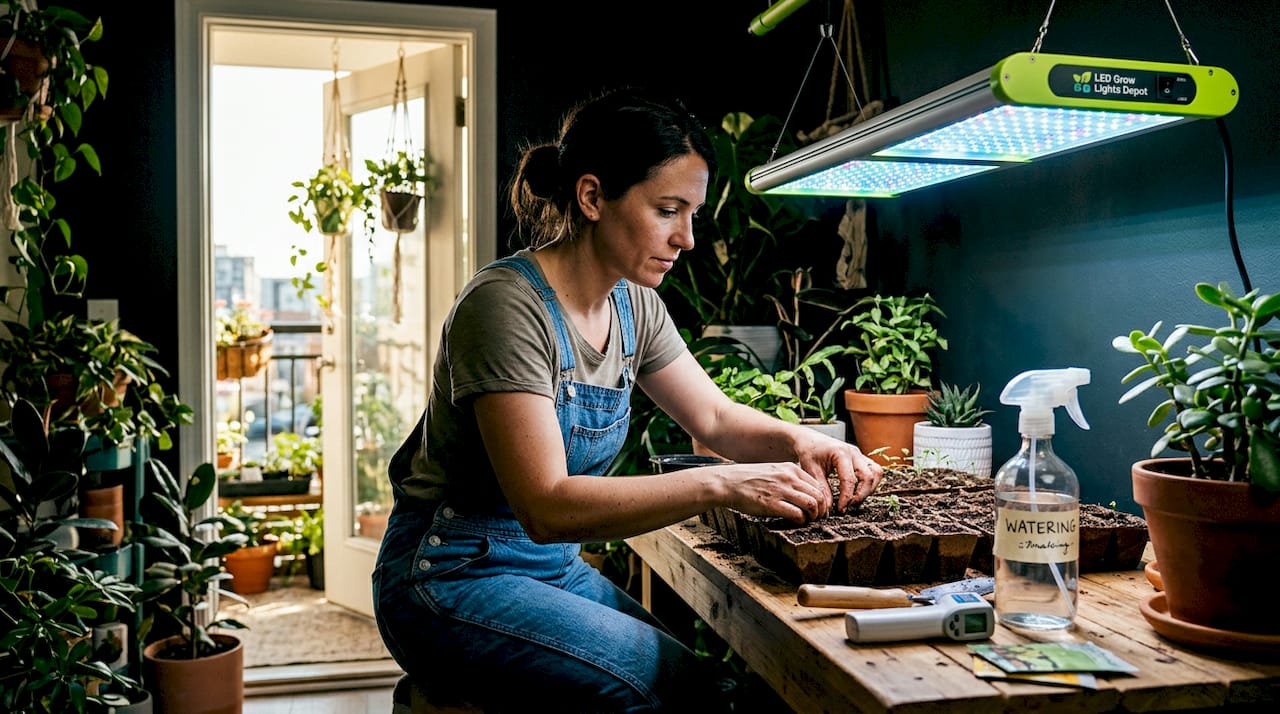 Gardener preparing seed trays under LED lights