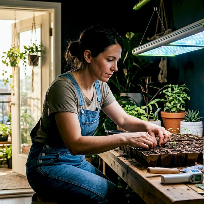 Gardener preparing seed trays under LED lights