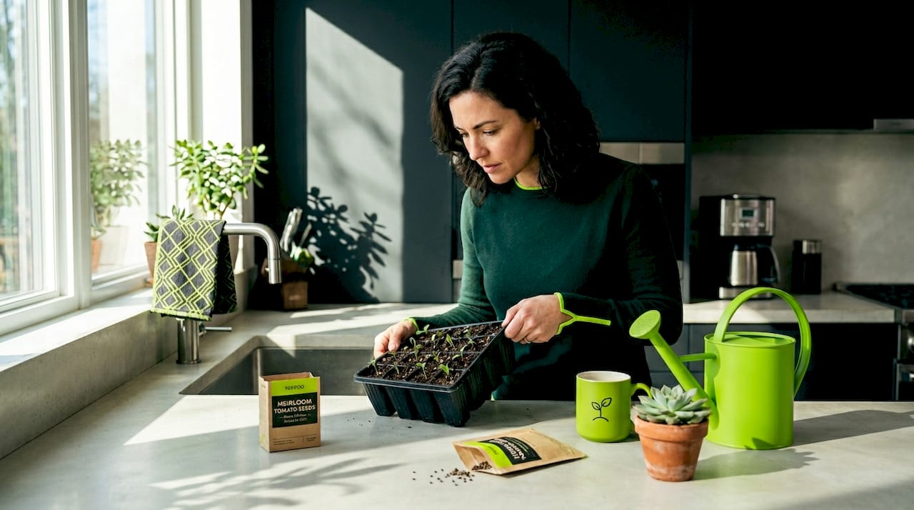 Person checking seed tray on sunny windowsill