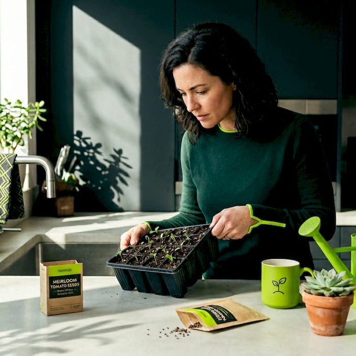 Person checking seed tray on sunny windowsill