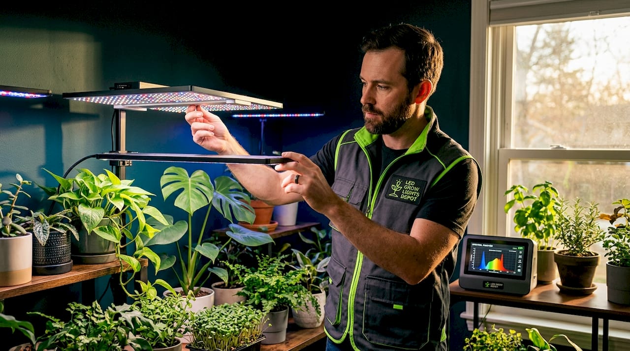 Horticulturist adjusting LED grow lights over plants
