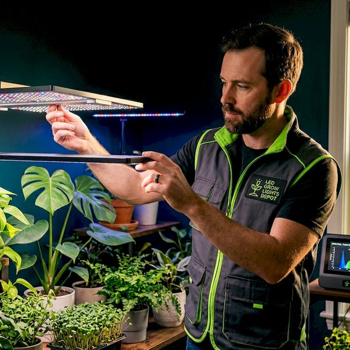 Horticulturist adjusting LED grow lights over plants