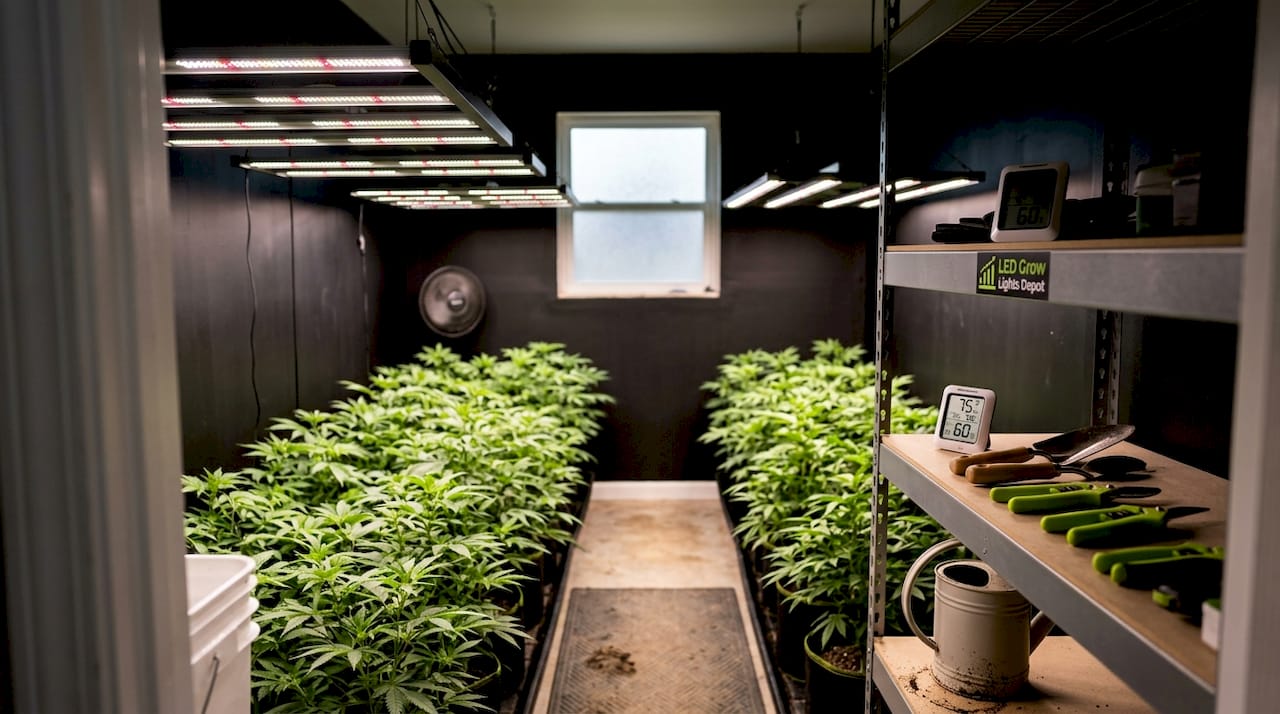 Indoor grow room with LED grow lights and plants