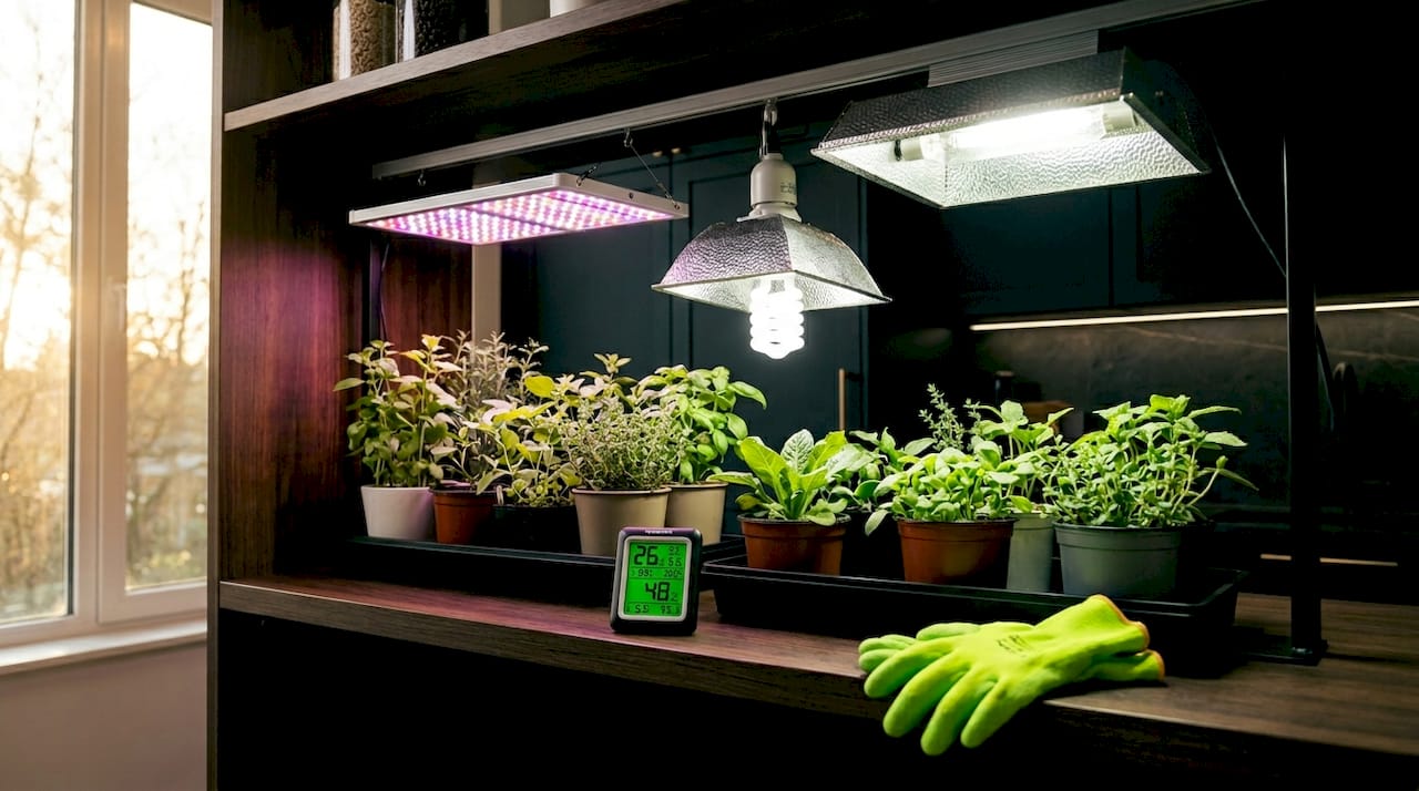 Indoor gardening shelf with three grow light types
