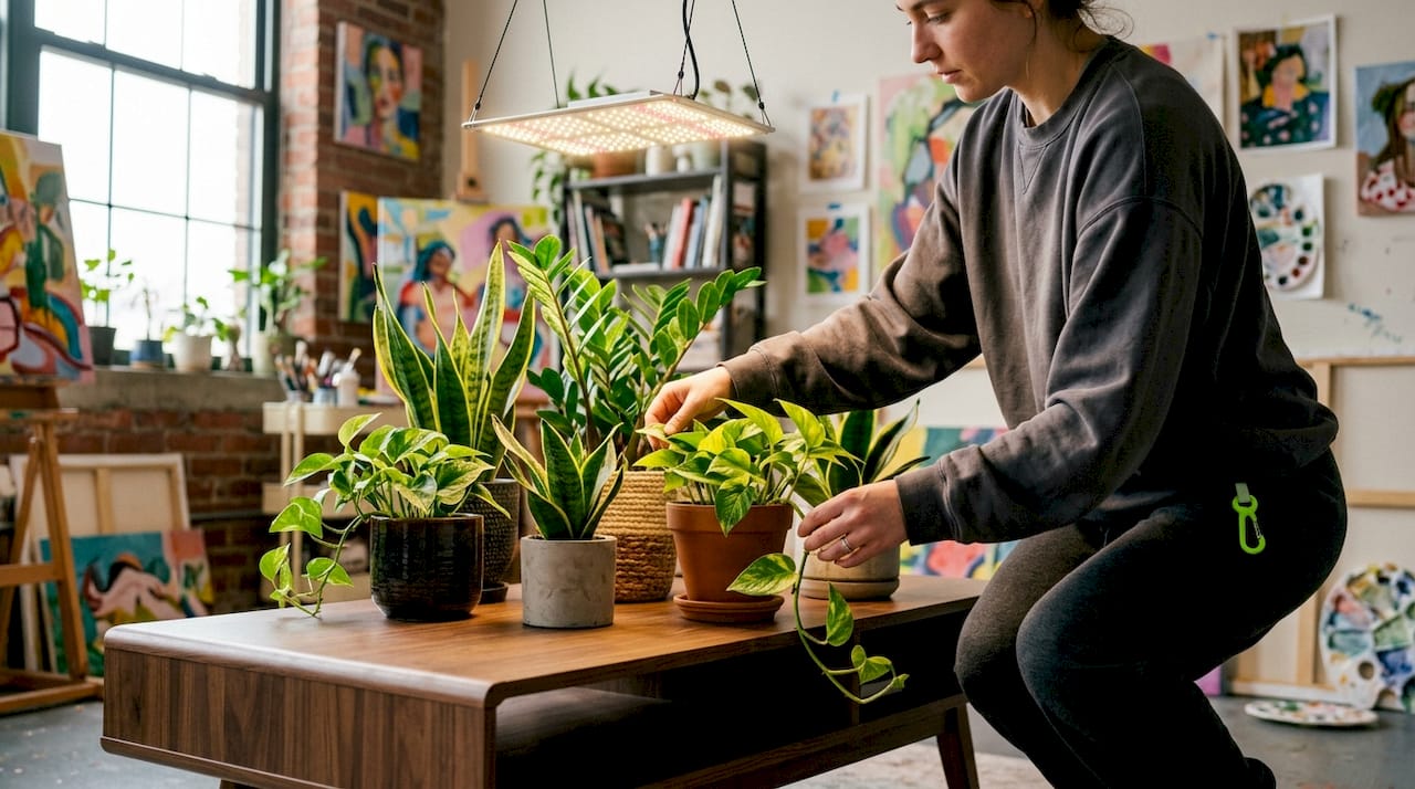 Woman arranging indoor plants under LED grow light