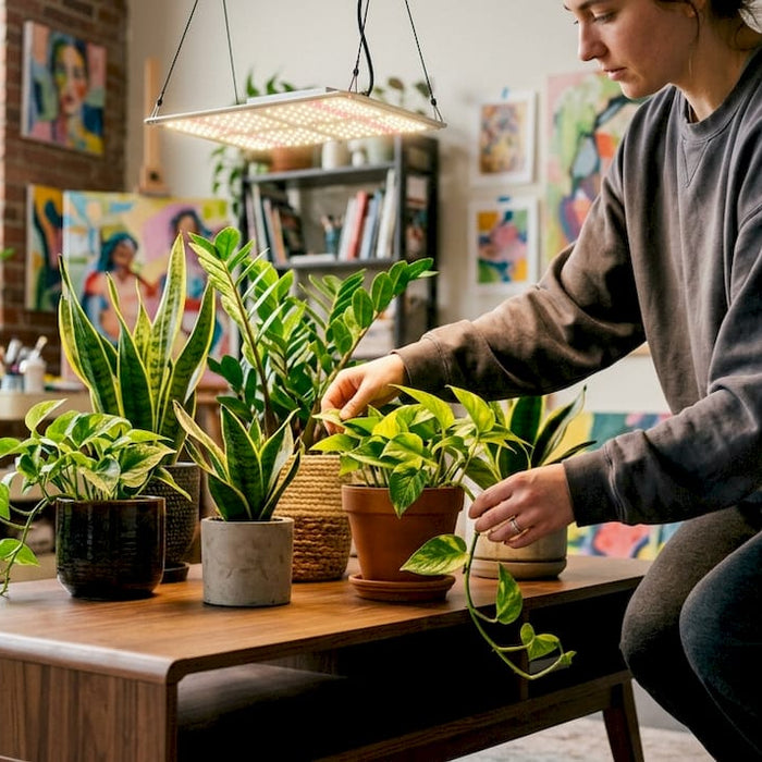 Woman arranging indoor plants under LED grow light