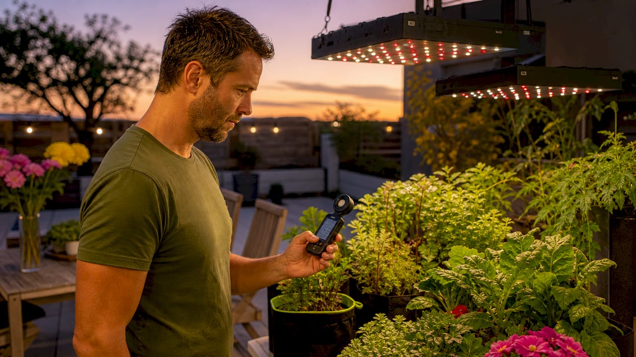 Home grower checking LED lights over plants