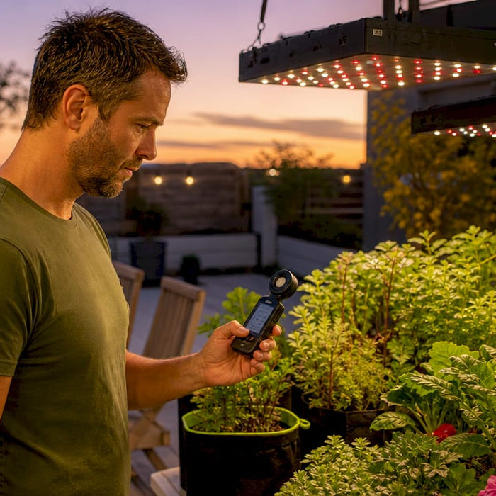 Home grower checking LED lights over plants