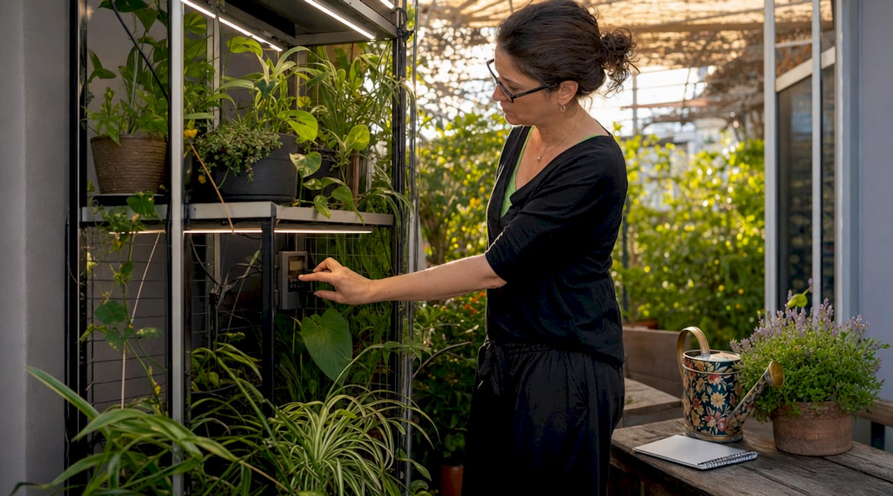 Woman adjusting grow light timer for indoor plants