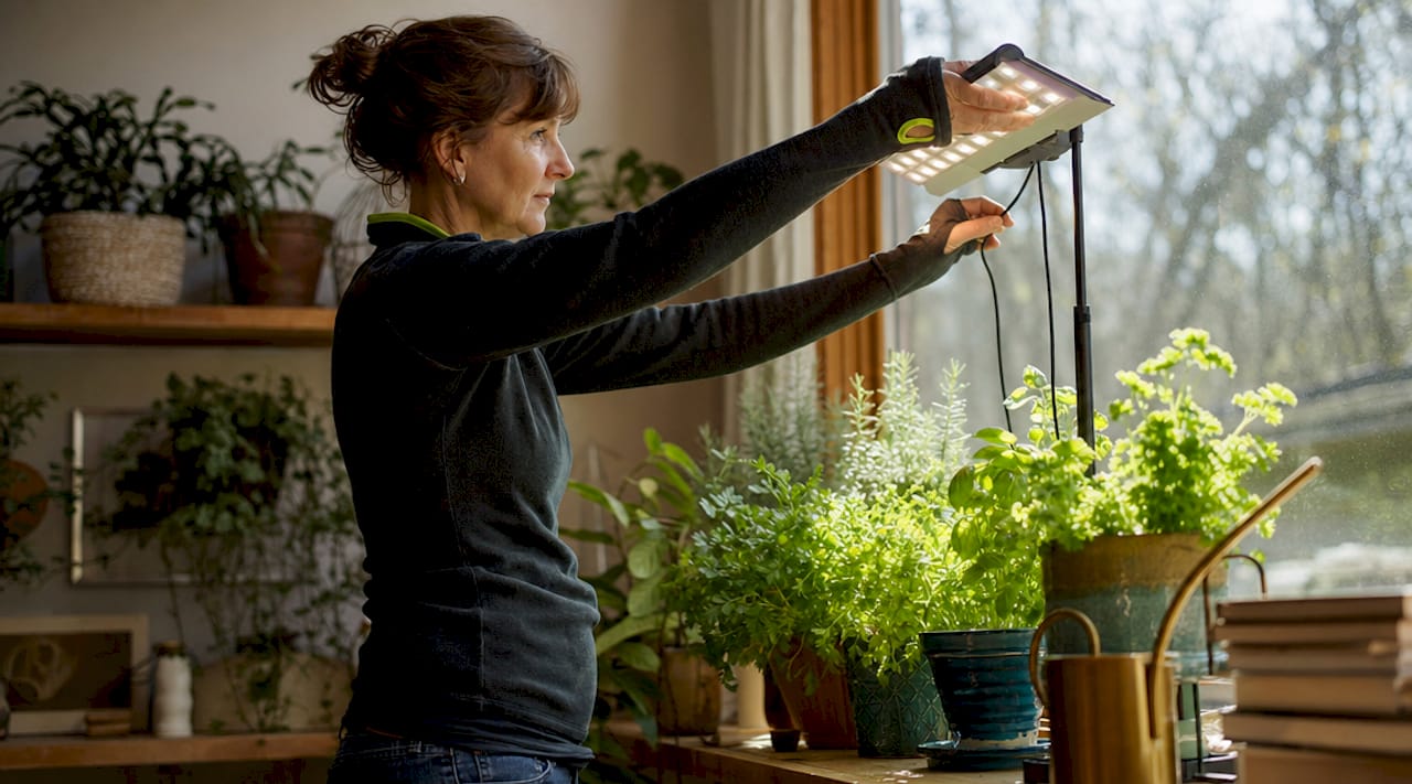 Woman adjusting LED grow light above indoor plants
