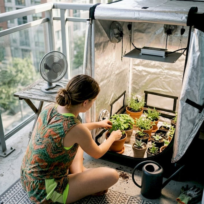 Woman setting up plants inside mini grow tent