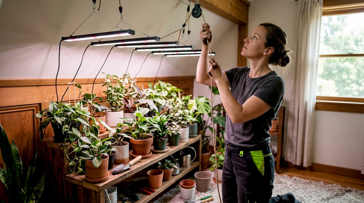Person adjusting LED grow lights for indoor plants