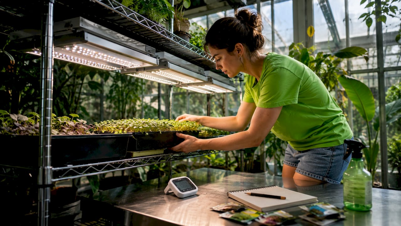 Person setting up seedlings with grow lights