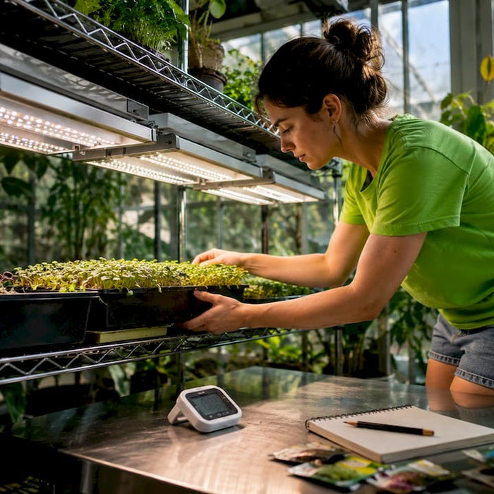 Person setting up seedlings with grow lights