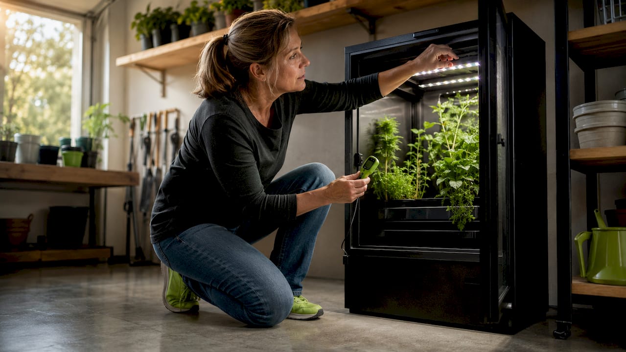 Woman inspecting indoor grow cabinet setup