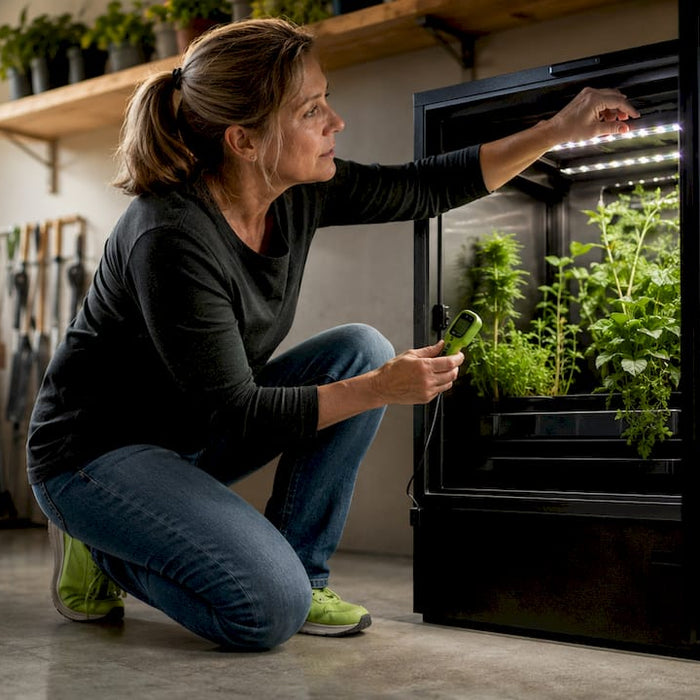 Woman inspecting indoor grow cabinet setup