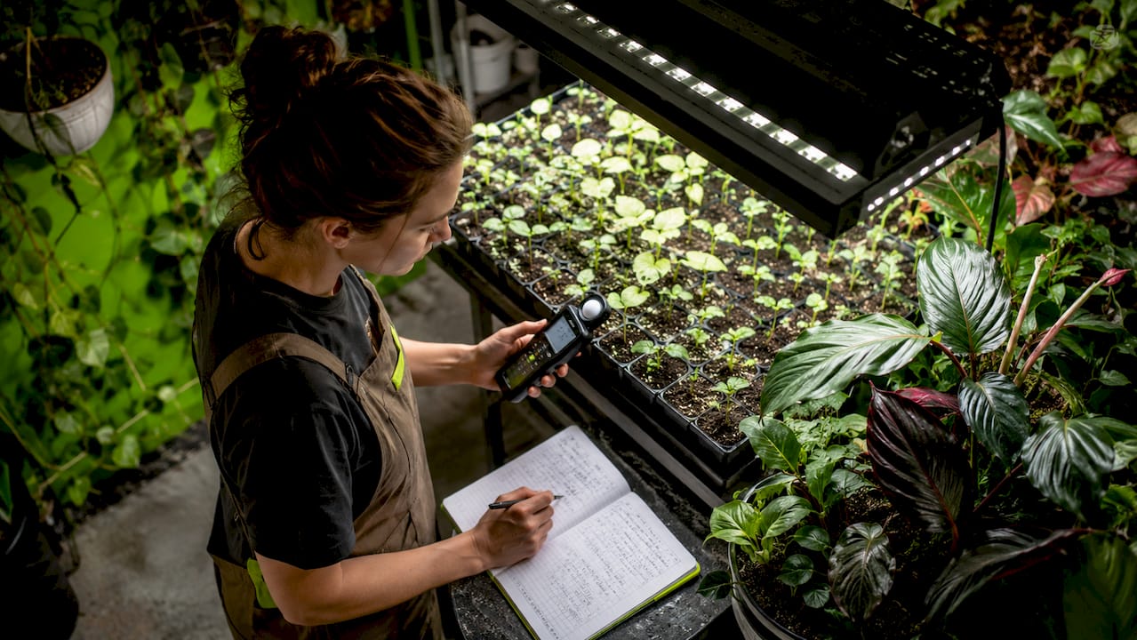 Horticulturist measuring seedling light intensity