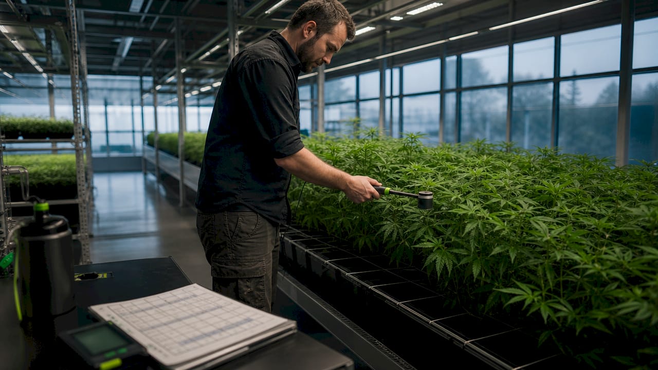 Grower measuring light with PAR sensor over plants
