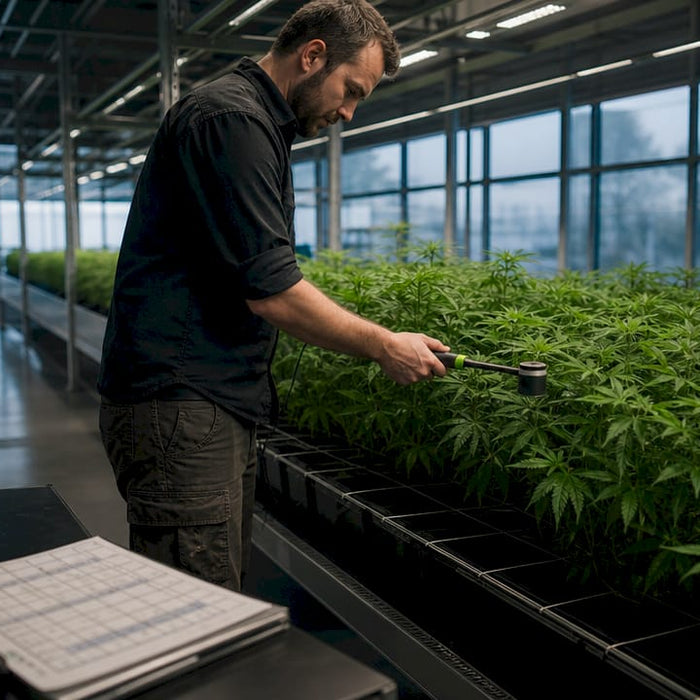 Grower measuring light with PAR sensor over plants