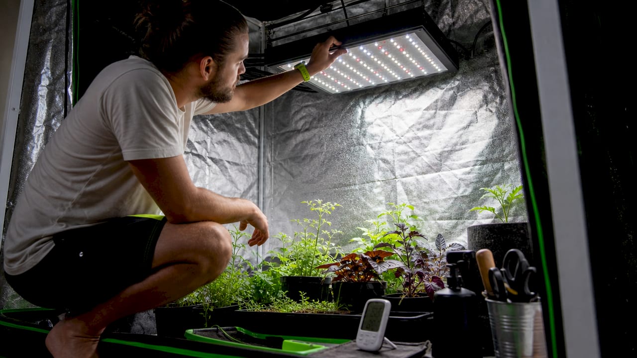 Person adjusting LED light in micro grow tent