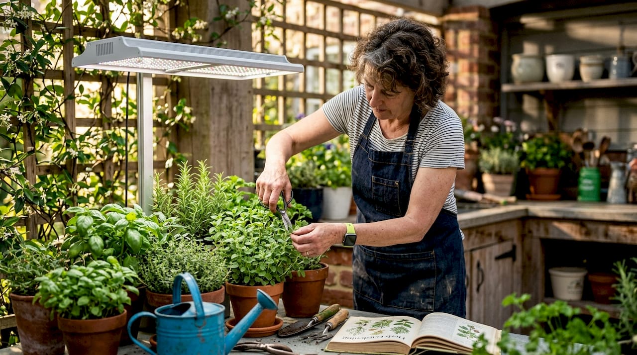 Woman tending indoor herb garden under LED light