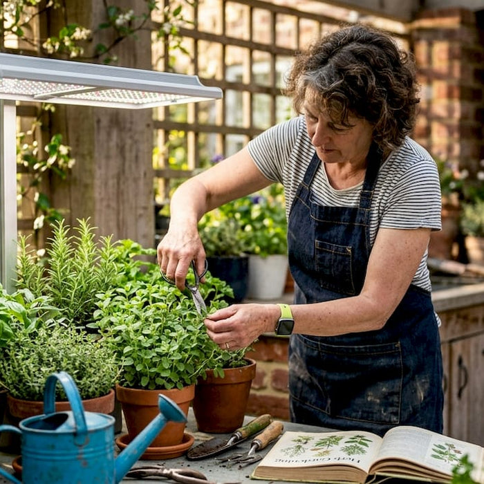 Woman tending indoor herb garden under LED light