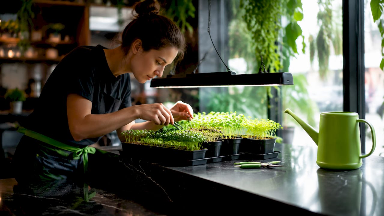 Woman arranging short plants under small LED grow lights