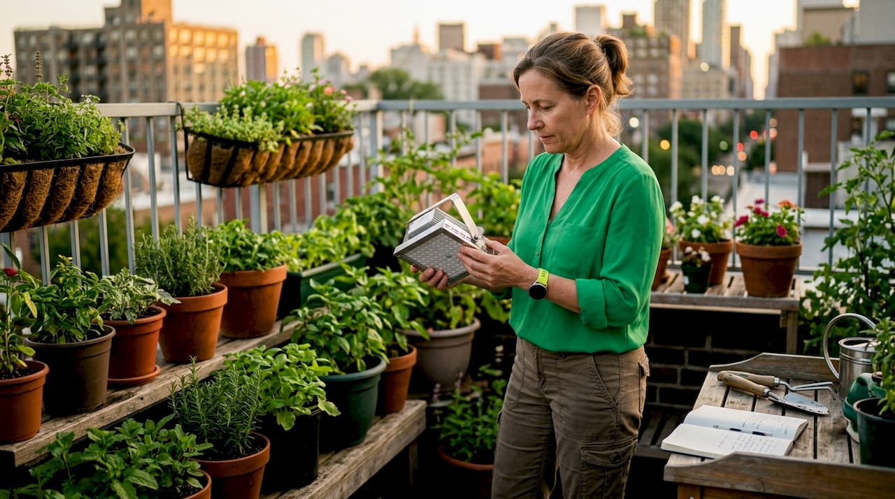 Horticulturist inspecting LED grow light in greenhouse
