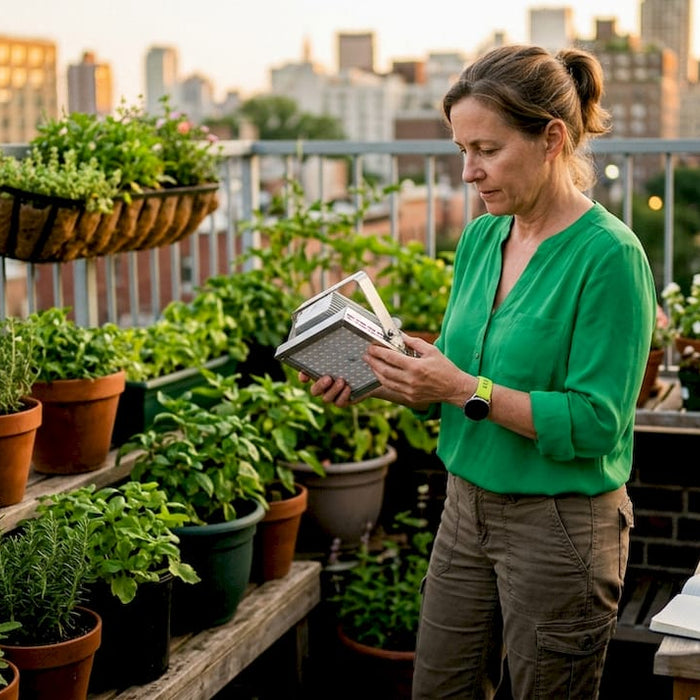 Horticulturist inspecting LED grow light in greenhouse