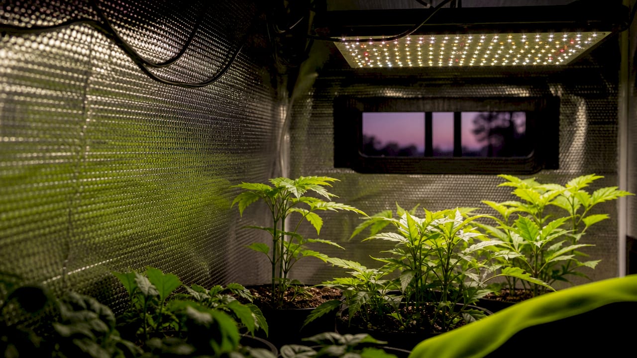 Grow tent interior with reflective Mylar walls and LED lighting