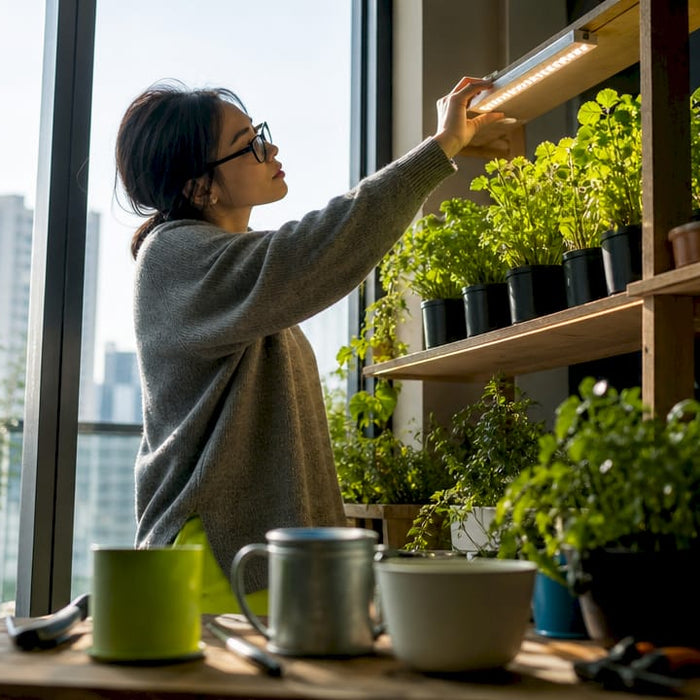 Woman adjusting LED grow light over indoor plants on shelf