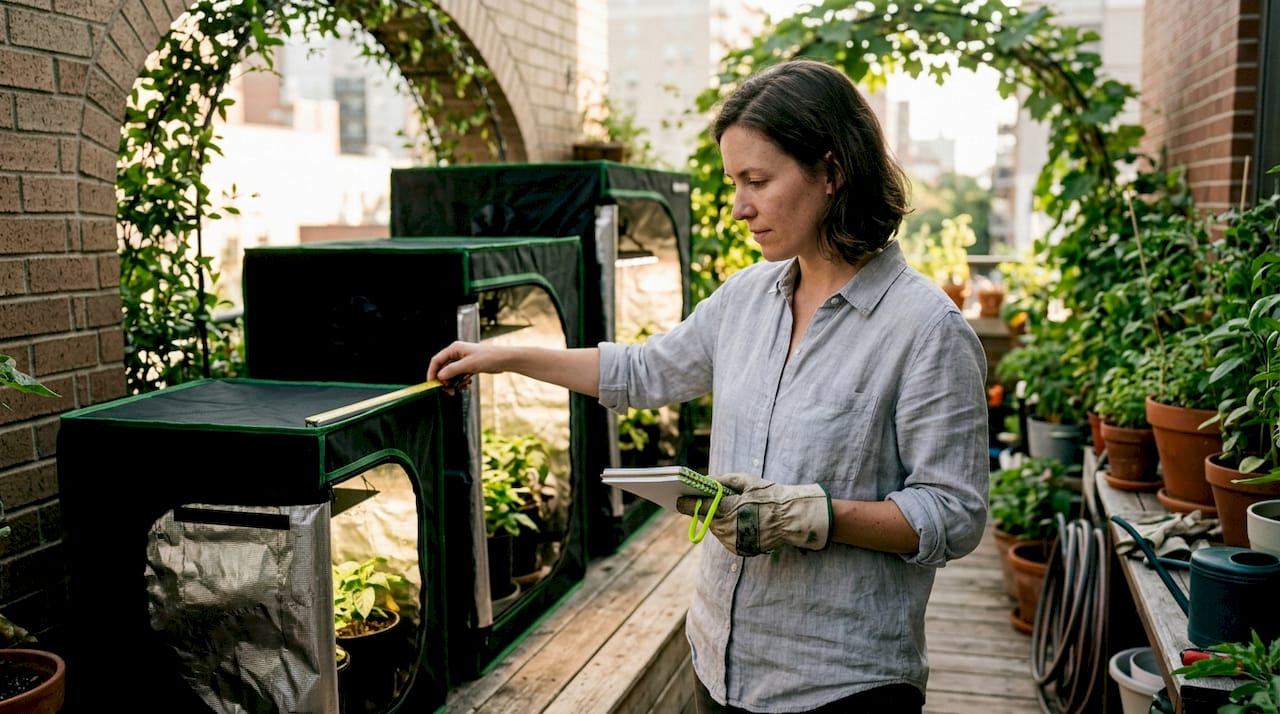 Gardener comparing various compact grow tents sizes