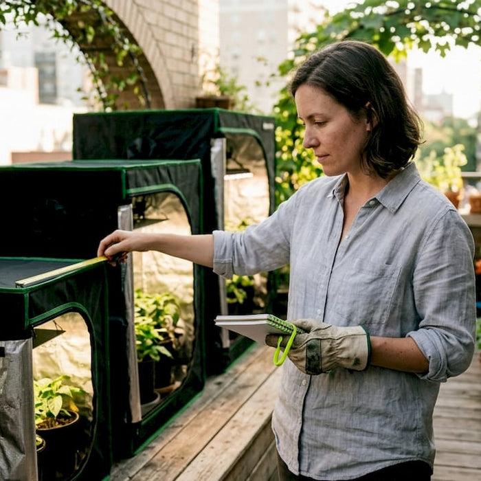 Gardener comparing various compact grow tents sizes