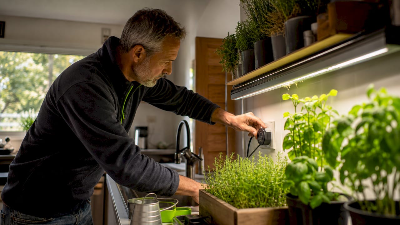 Man setting digital timer for indoor grow lights