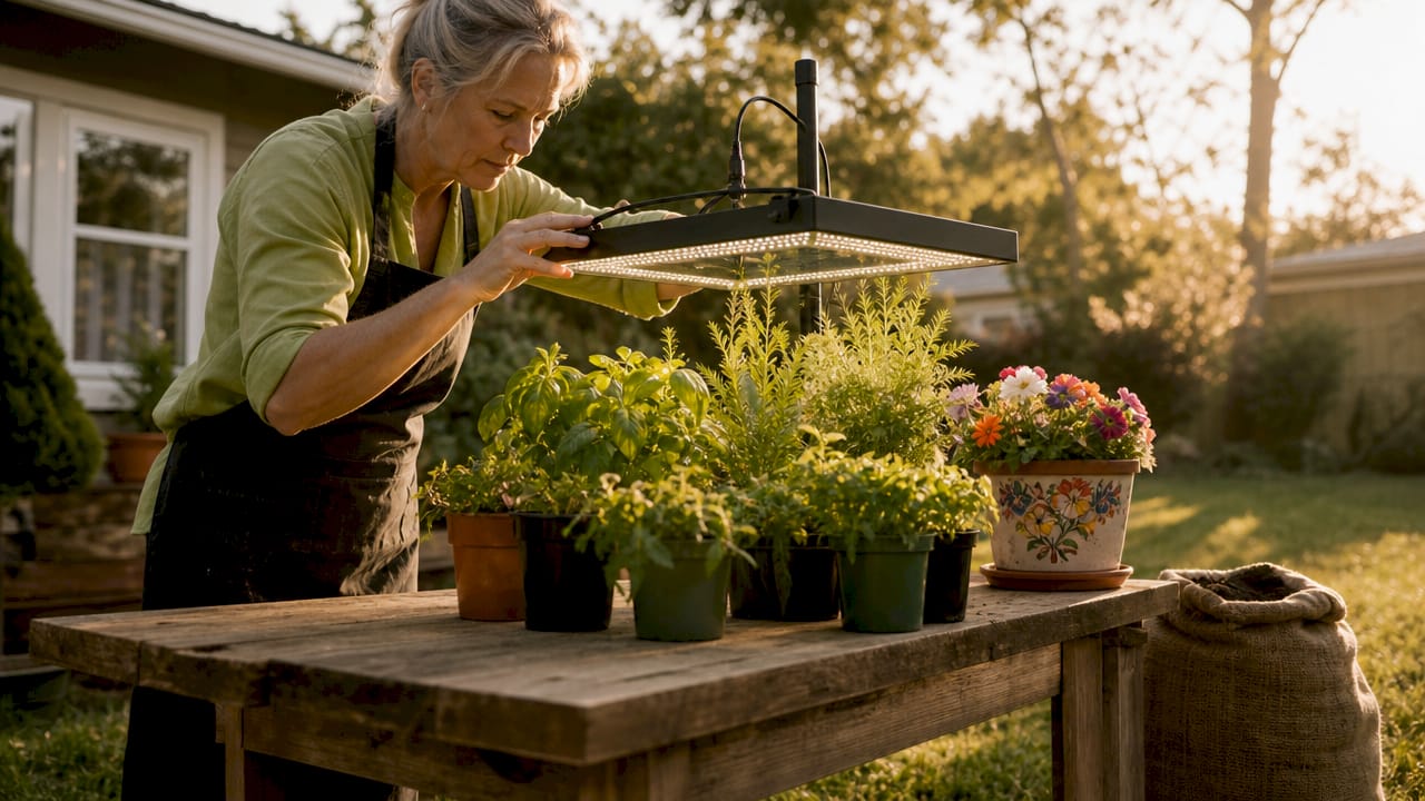 Woman setting up grow light over windowsill plants