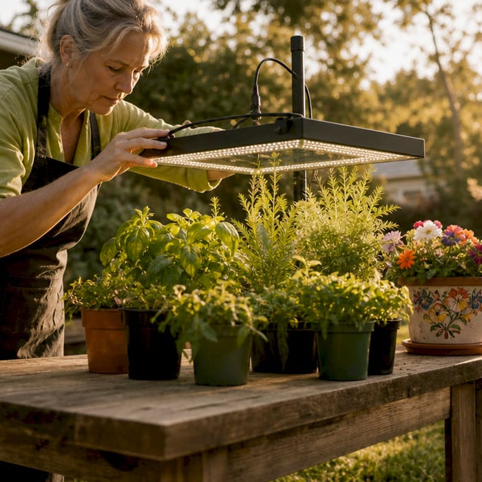 Woman setting up grow light over windowsill plants