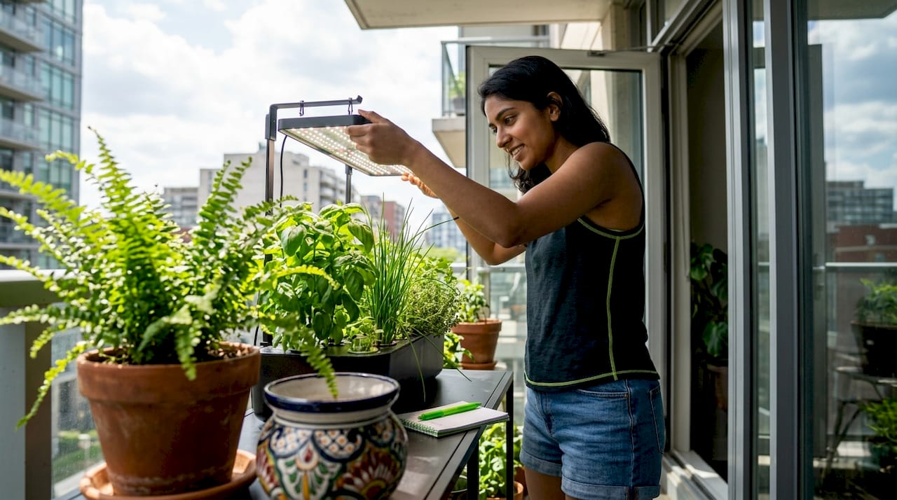 Woman adjusting LED lights over indoor herb garden