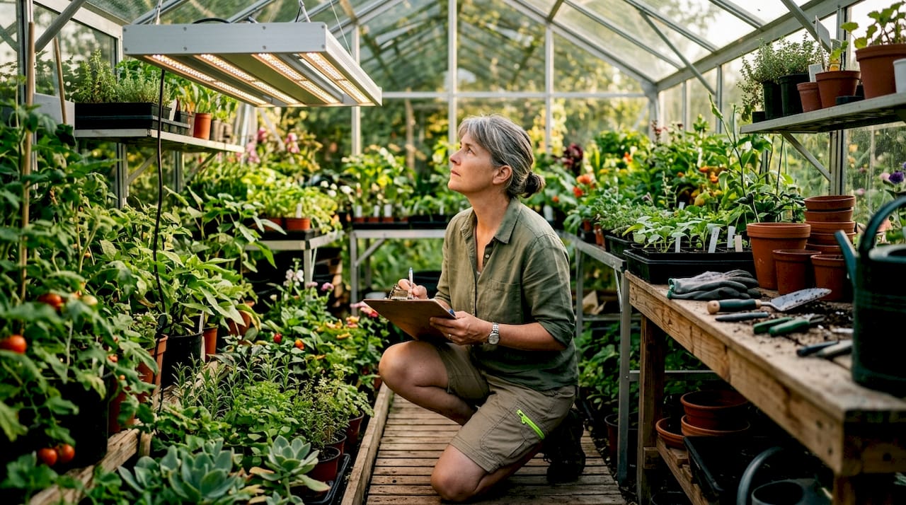Horticulturist inspecting LED grow light above plants in indoor garden