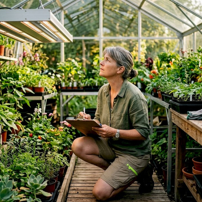 Horticulturist inspecting LED grow light above plants in indoor garden
