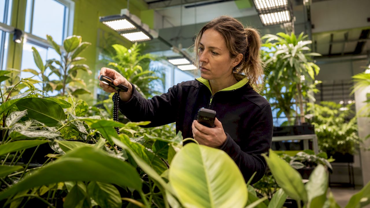 Researcher measuring indoor plant light distribution