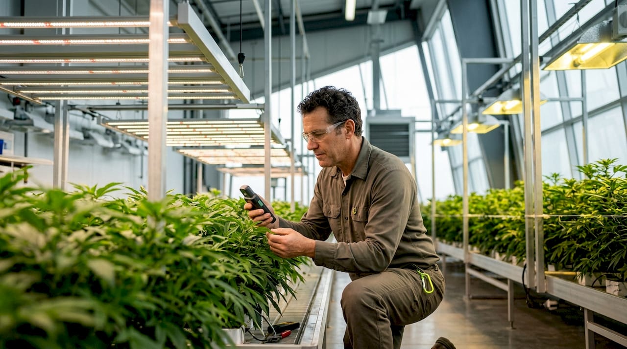 Horticulturist inspecting plants under LED grow lights