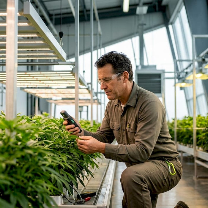 Horticulturist inspecting plants under LED grow lights