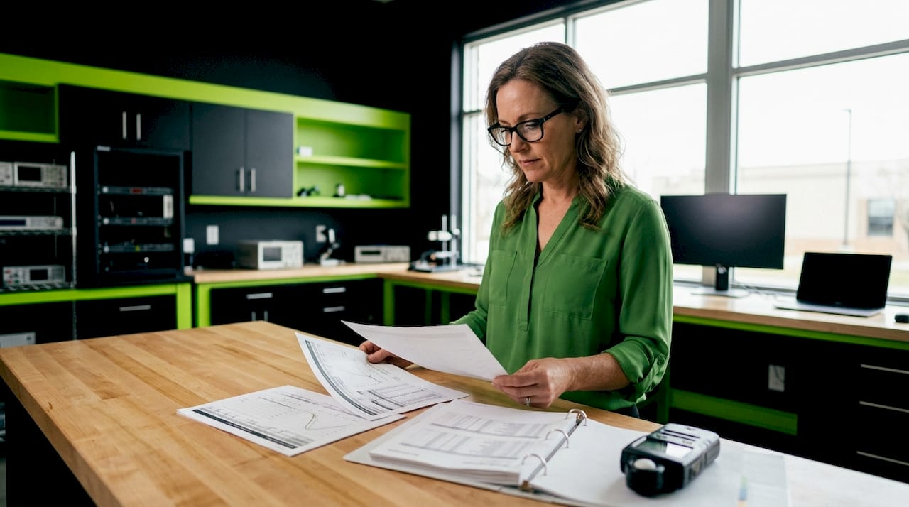 Engineer reviewing LED lifespan reports at desk