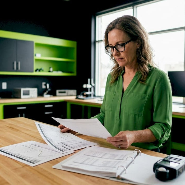 Engineer reviewing LED lifespan reports at desk