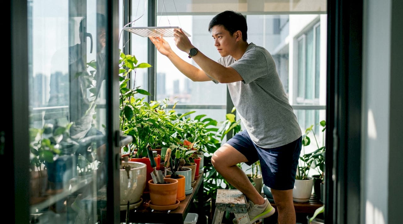 Person setting up low-heat LED light in grow tent