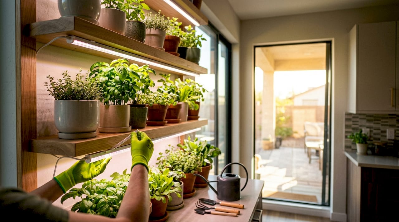 Shelf garden with LED strips illuminating plants