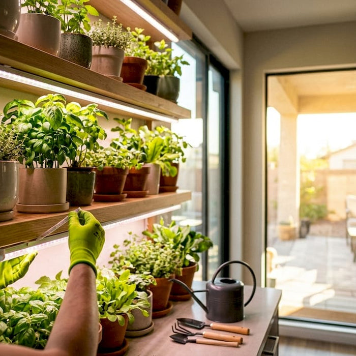 Shelf garden with LED strips illuminating plants