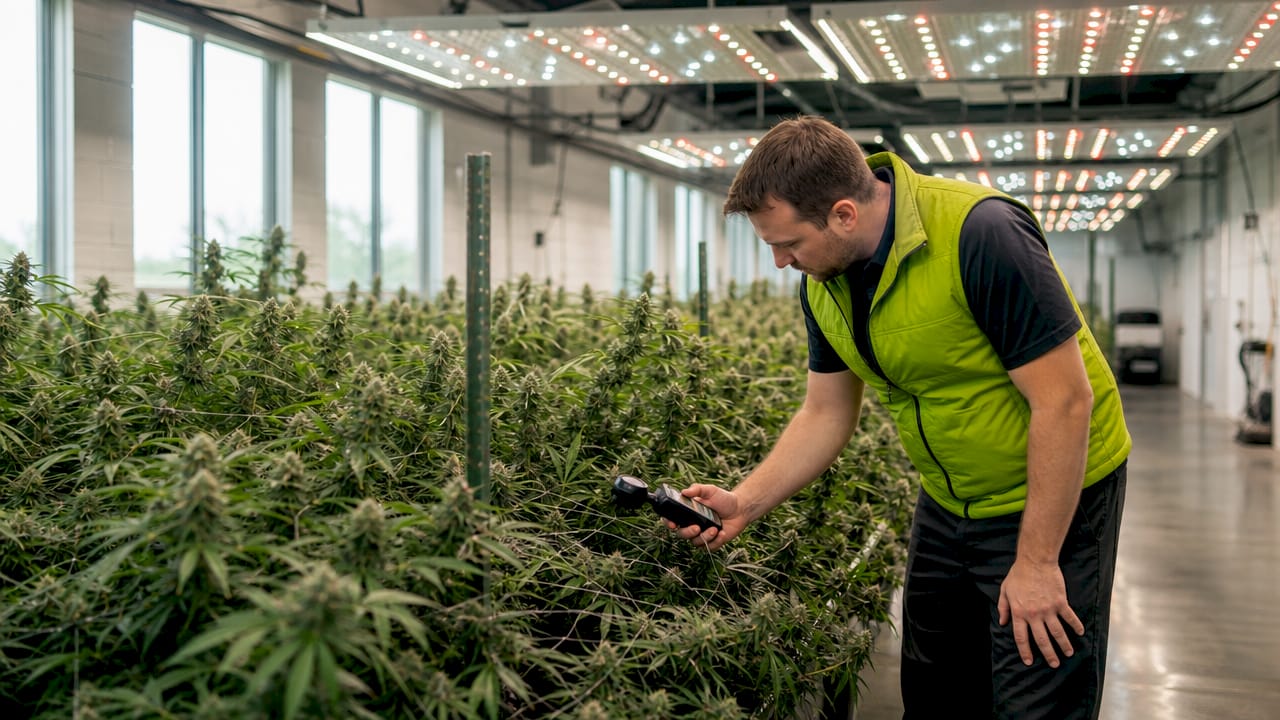 Grower measuring light under LED bar fixtures