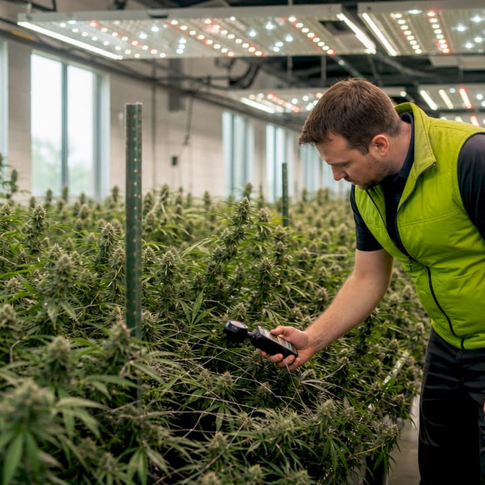Grower measuring light under LED bar fixtures